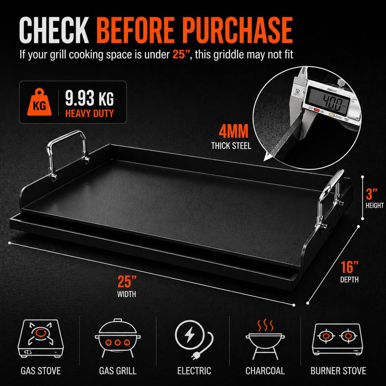 25" x 16" Pre-Seasoned Cast Iron Griddle | Large Non-Stick Flat Top for BBQ & Camping 🍔